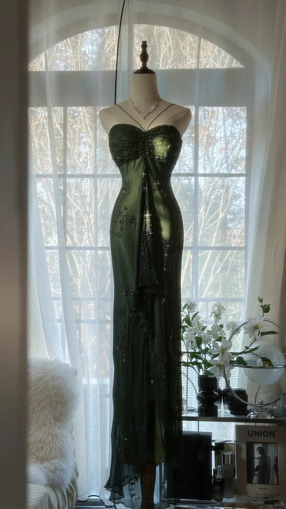 Vintage Dark Green Strapless Beaded Chiffon Mermaid Long Prom Dress P3 – PreppyDress