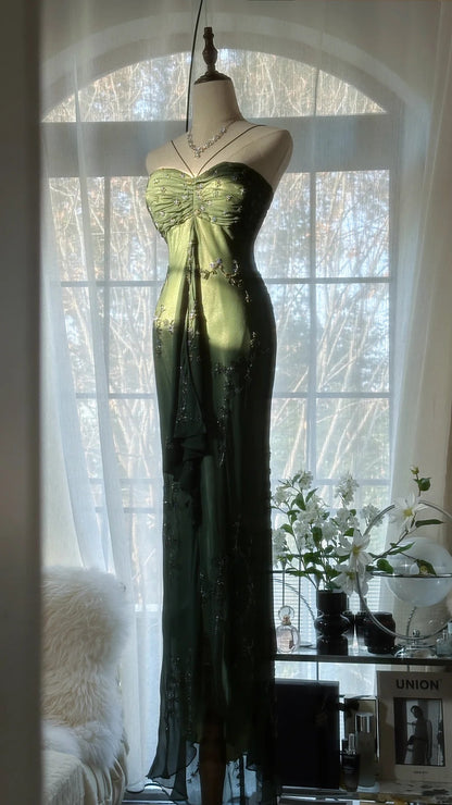 Vintage Dunkelgrünes Trägerloses Perlenbesetztes Chiffon Meerjungfrauen Langes Ballkleid P3329
