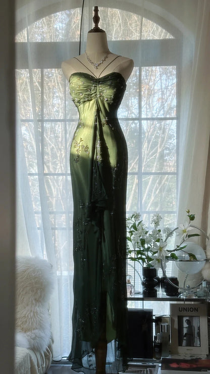 Vintage Dunkelgrünes Trägerloses Perlenbesetztes Chiffon Meerjungfrauen Langes Ballkleid P3329