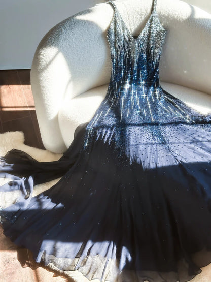Vintage Navy Blue Shiny Sequin Strap Chiffon Long Prom Dress P3331