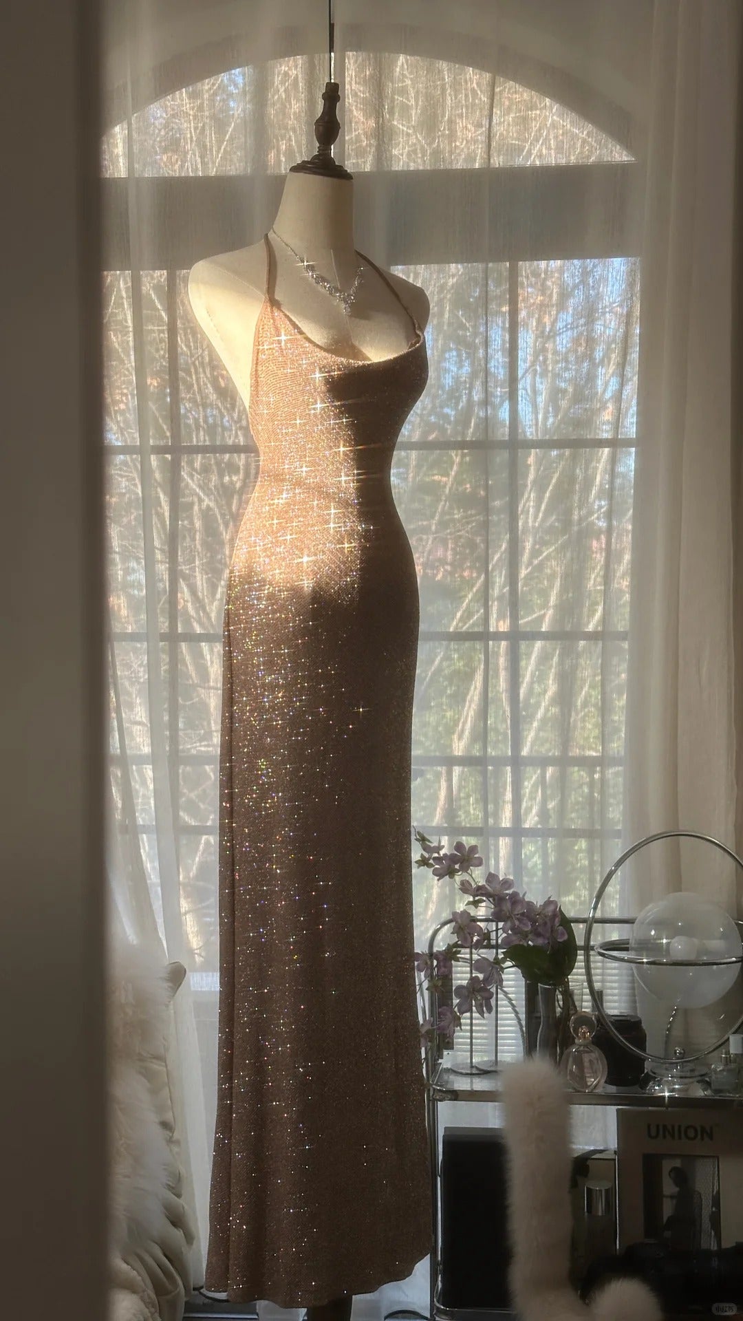 Sparkling Champagne Halter Neck Sequin Mermaid Long Prom Dress P3332