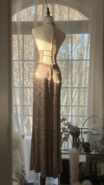 Sparkling Champagne Halter Neck Sequin Mermaid Long Prom Dress P3332   PreppyDress