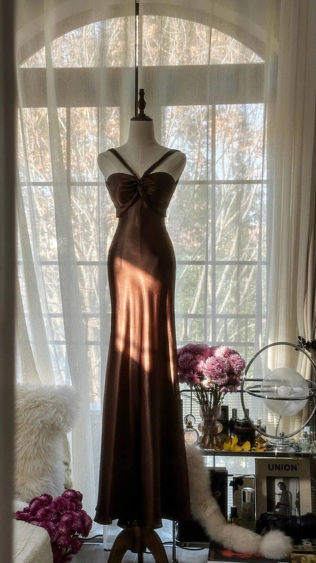 Simple and Elegant Brown Backless Satin Mermaid Long Prom Dress P3334