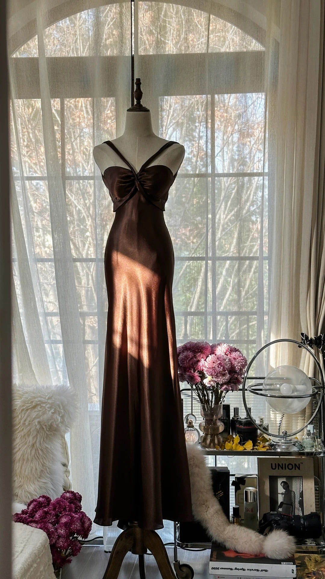 Simple and Elegant Brown Backless Satin Mermaid Long Prom Dress P3334