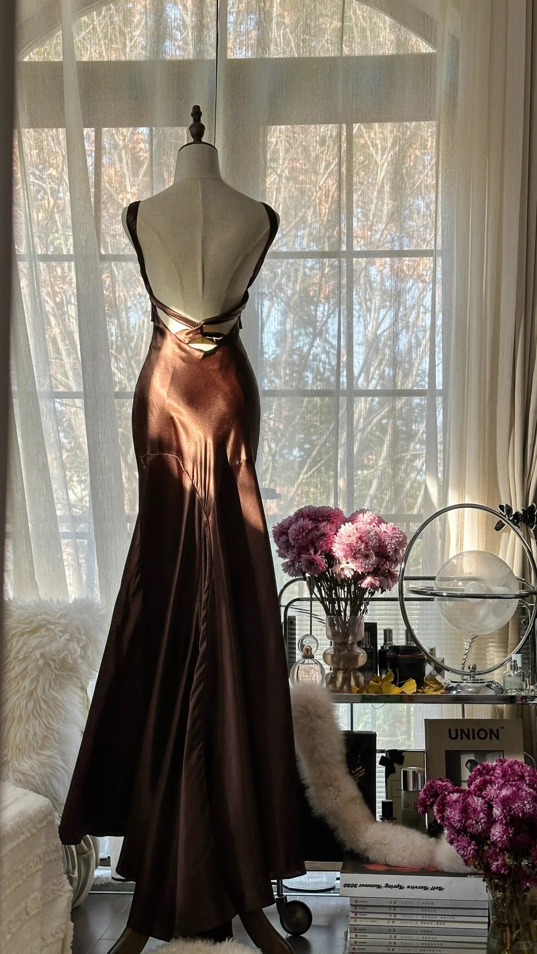 Simple and Elegant Brown Backless Satin Mermaid Long Prom Dress P3334