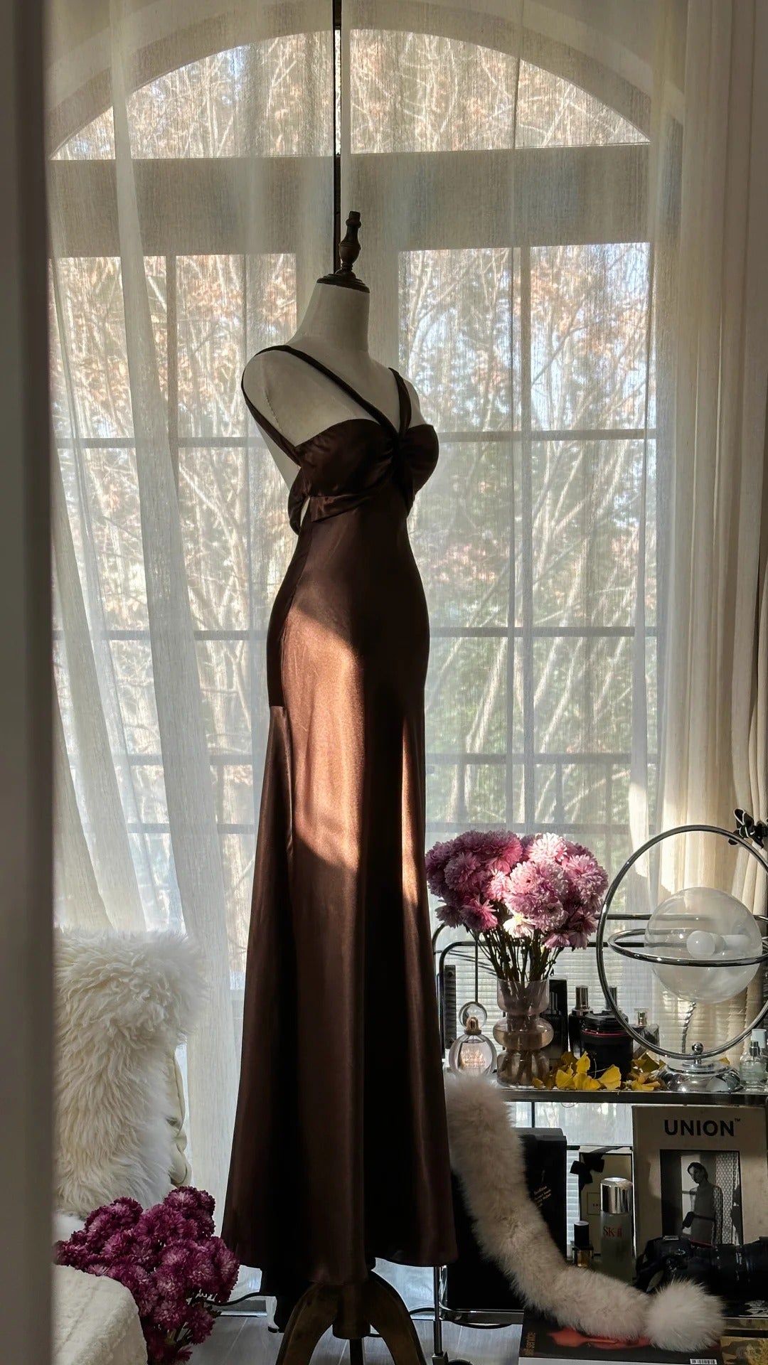 Simple and Elegant Brown Backless Satin Mermaid Long Prom Dress P3334
