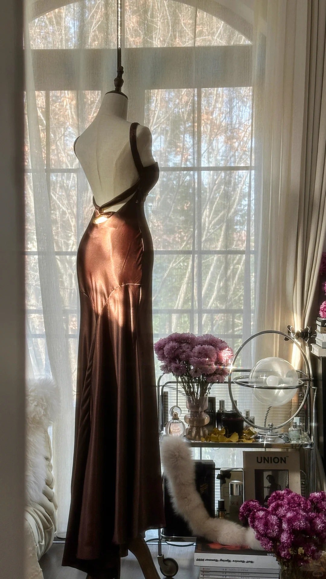 Simple and Elegant Brown Backless Satin Mermaid Long Prom Dress P3334