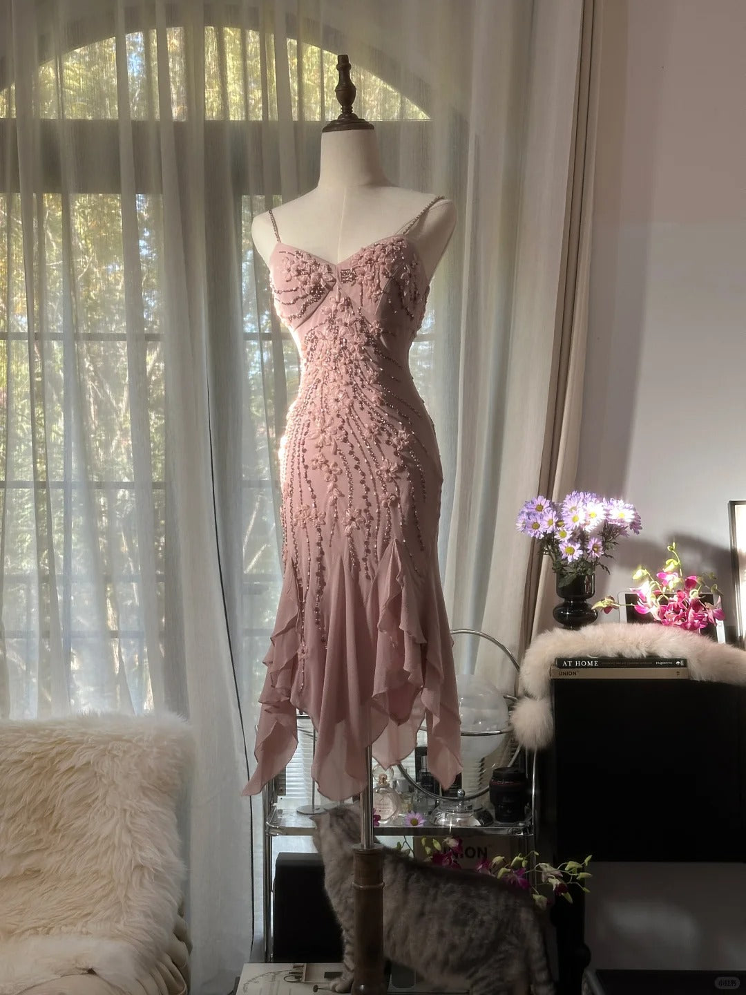 Cute Cherry Blossom Pink Beaded Chiffon Irregular Hem Prom Dress P3335