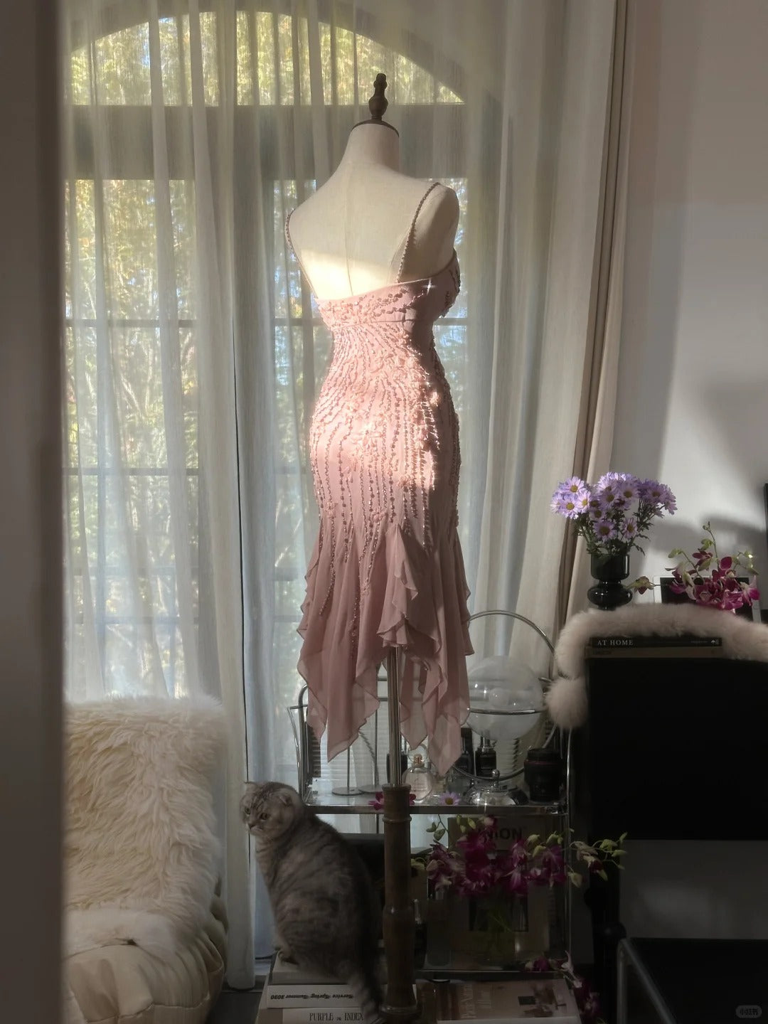 Cute Cherry Blossom Pink Beaded Chiffon Irregular Hem Prom Dress P3335