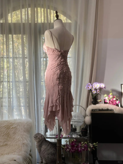 Cute Cherry Blossom Pink Beaded Chiffon Irregular Hem Prom Dress P3335 –  PreppyDress