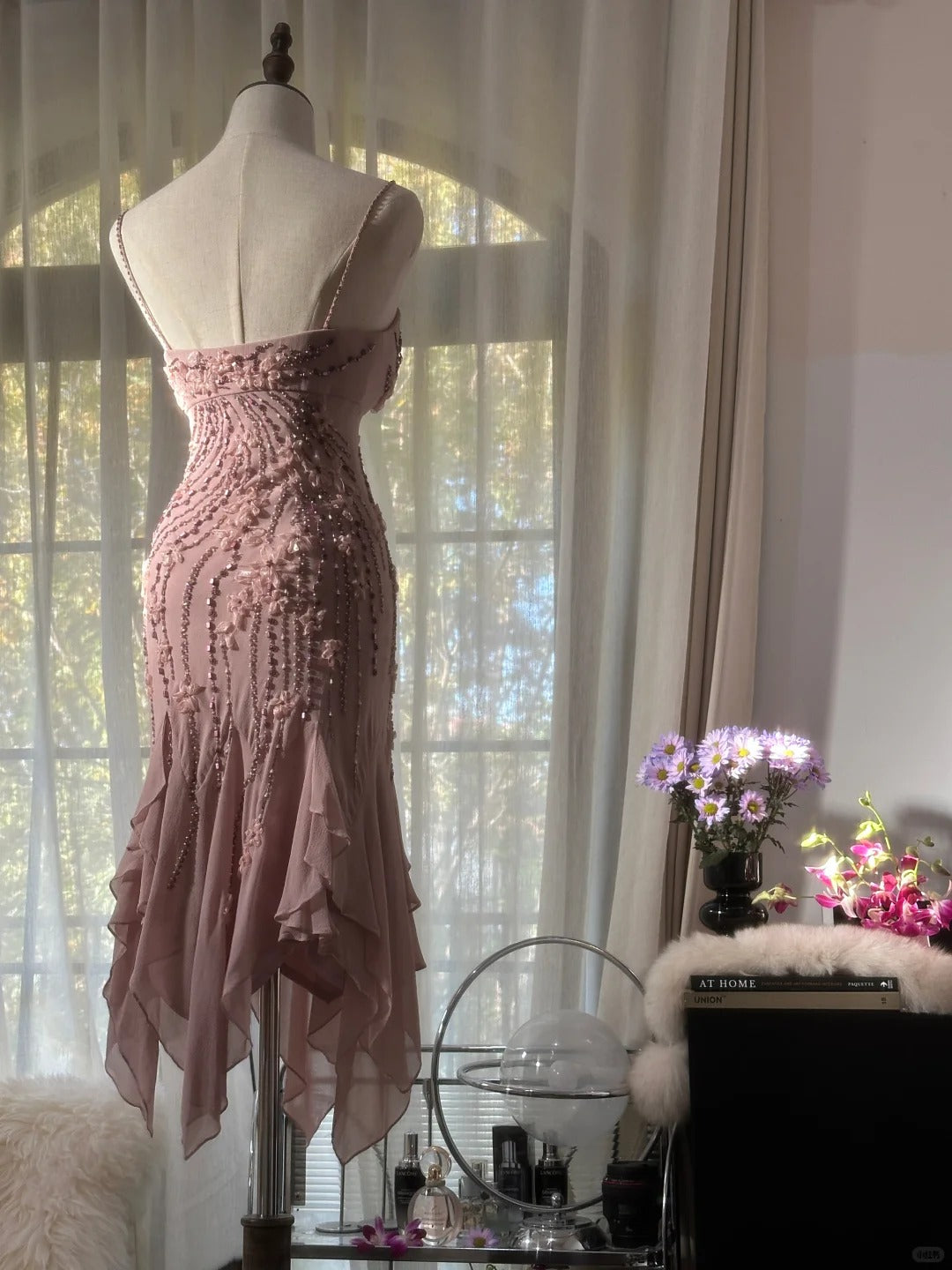 Cute Cherry Blossom Pink Beaded Chiffon Irregular Hem Prom Dress P3335