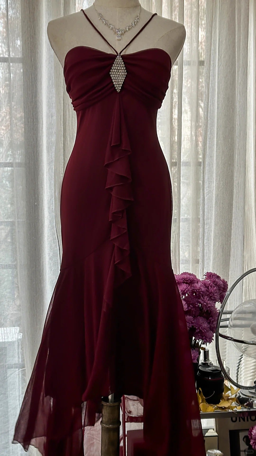 Stunning Burgundy Strapless Chiffon Mermaid Long Prom Dress P3336