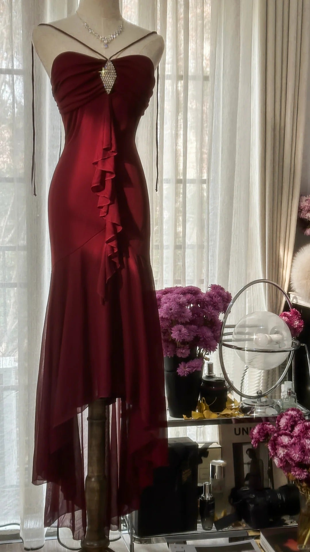Stunning Burgundy Strapless Chiffon Mermaid Long Prom Dress P3336