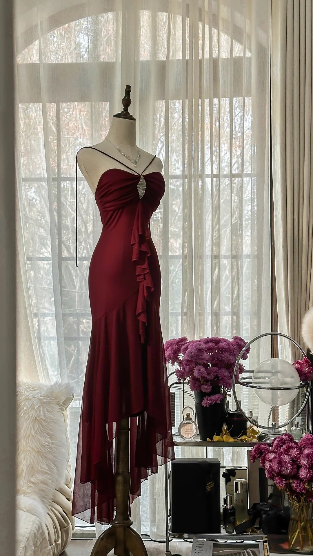 Stunning Burgundy Strapless Chiffon Mermaid Long Prom Dress P3336