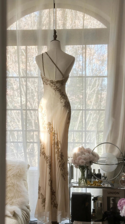 Elegant Champagne One Shoulder Beaded Chiffon Long Prom Dress P3337 –  PreppyDress