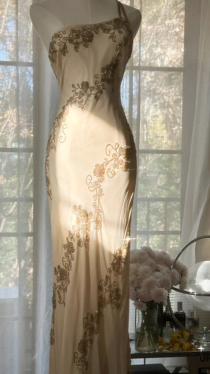 Elegantes champagnerfarbenes One-Shoulder-Abendkleid aus Chiffon mit Perlen P3337