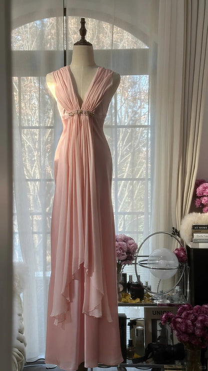 Elegantes rosa Chiffon-V-Ausschnitt schlichtes langes Ballkleid P3338