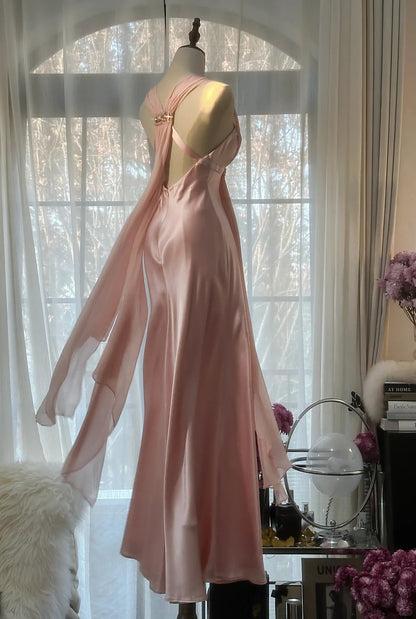 Elegantes rosa Chiffon-V-Ausschnitt schlichtes langes Ballkleid P3338