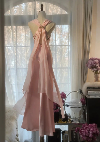 Elegantes rosa Chiffon-V-Ausschnitt schlichtes langes Ballkleid P3338