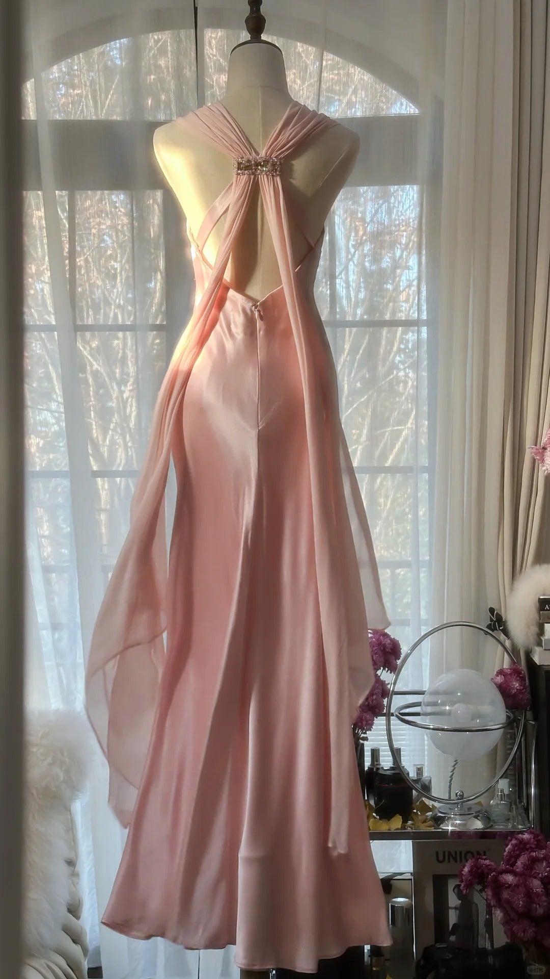 Elegant Pink Chiffon V-Neck Simple Long Prom Dress P3338