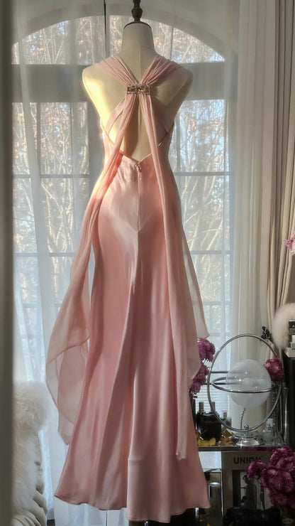 Elegantes rosa Chiffon-V-Ausschnitt schlichtes langes Ballkleid P3338
