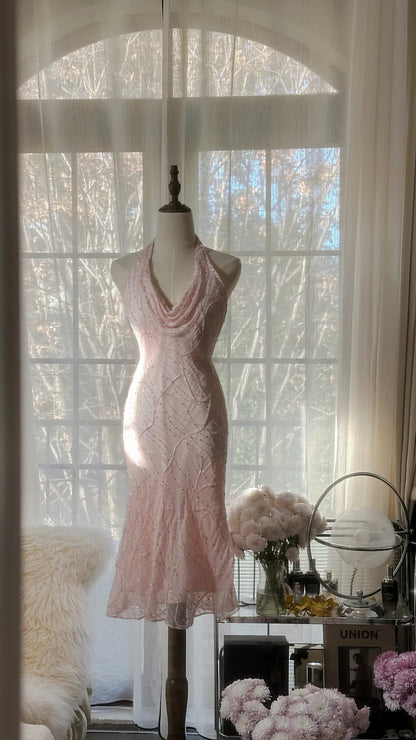 Süßes Neckholder-Kleid Ärmellos Rückenfrei Perlenbesetzt Kurzes Abschlussballkleid P3339