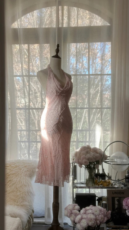 Süßes Neckholder-Kleid Ärmellos Rückenfrei Perlenbesetzt Kurzes Abschlussballkleid P3339