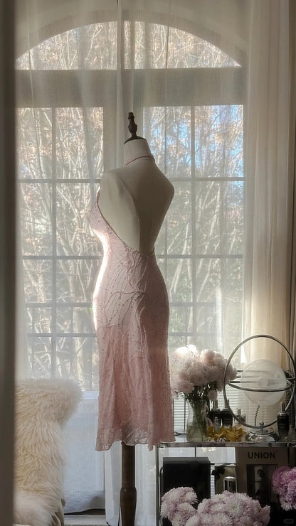 Süßes Neckholder-Kleid Ärmellos Rückenfrei Perlenbesetzt Kurzes Abschlussballkleid P3339
