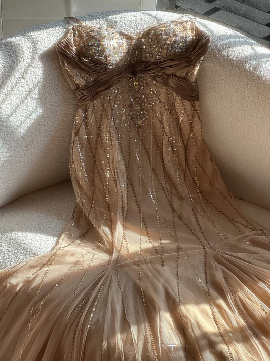 Shiny Vintage Beaded Chiffon Gold Long Prom Dress P3340