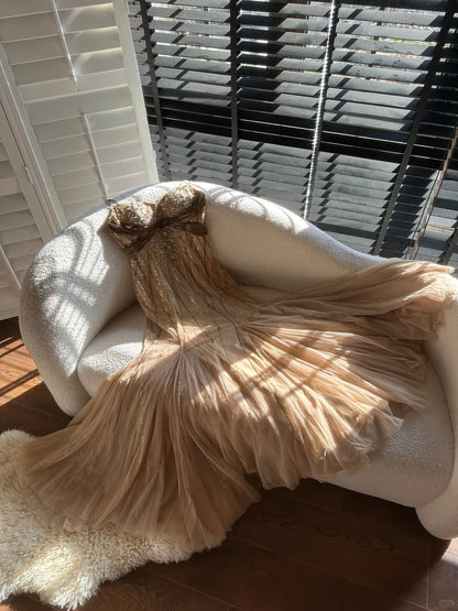Glänzendes Vintage Perlen Chiffon Gold Langes Ballkleid P3340