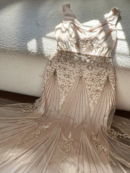 Vintage Palace V-Ausschnitt Perlen Chiffon Langes Ballkleid P3341