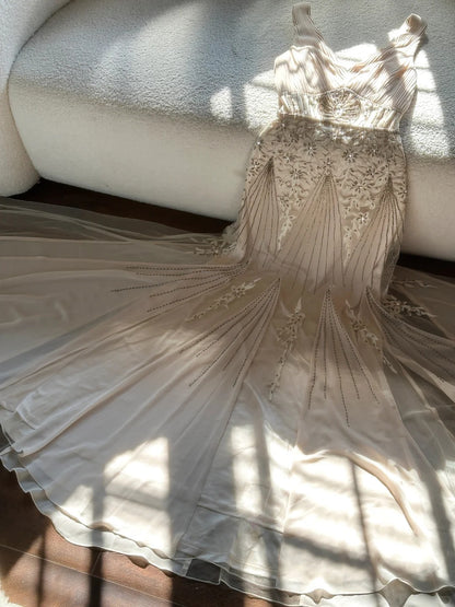 Vintage Palace V-Ausschnitt Perlen Chiffon Langes Ballkleid P3341