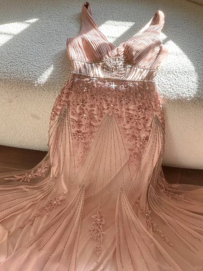 Vintage Palace V-Ausschnitt Perlen Chiffon Langes Ballkleid P3341