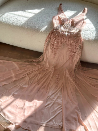 Vintage Palace V-Ausschnitt Perlen Chiffon Langes Ballkleid P3341