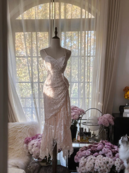 Niedliches rosa Spitzen-Träger-Meerjungfrauen-Ballkleid P3342