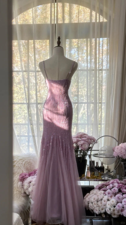 Charmantes lila Chiffon-Meerjungfrauen-Abendkleid mit Perlen P3343