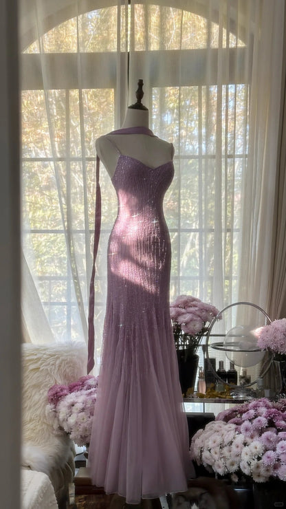Charmantes lila Chiffon-Meerjungfrauen-Abendkleid mit Perlen P3343