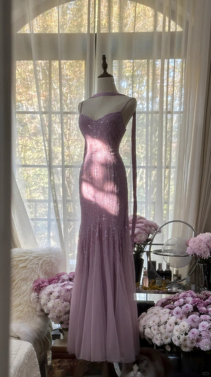 Charmantes lila Chiffon-Meerjungfrauen-Abendkleid mit Perlen P3343