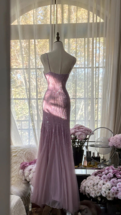 Charmantes lila Chiffon-Meerjungfrauen-Abendkleid mit Perlen P3343
