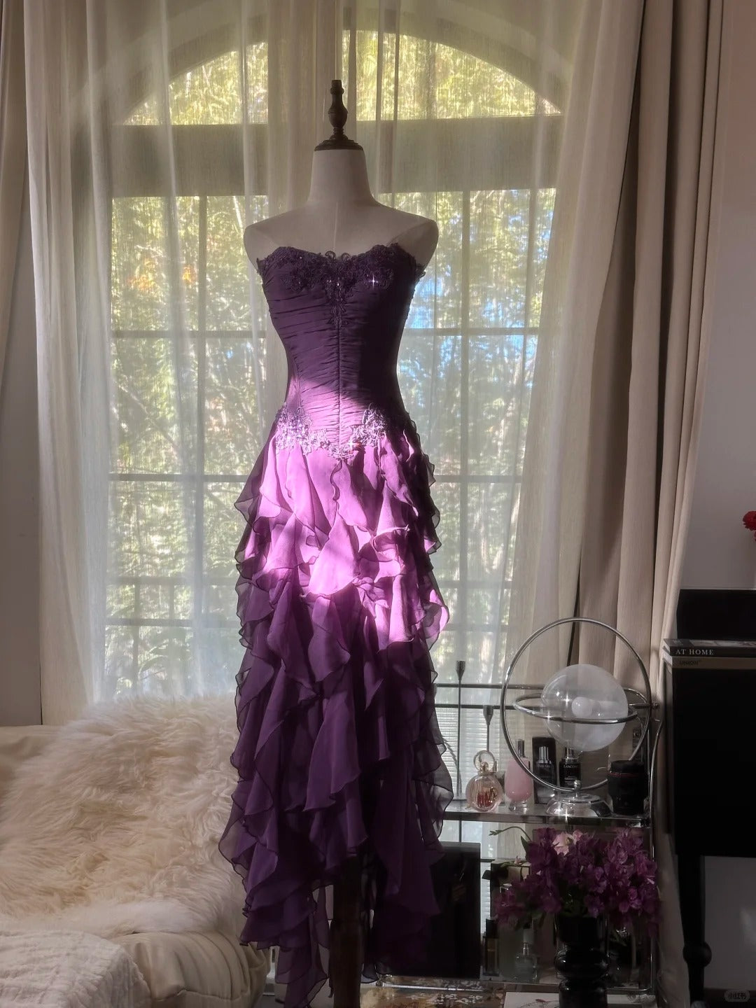 Retro Strapless Grape Purple Fungus Curled Skirt Chiffon Long Prom Dress P3346