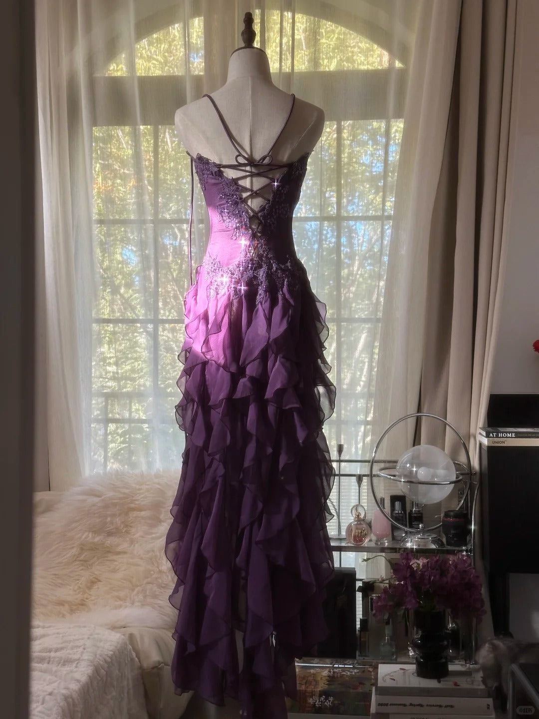 Retro Strapless Grape Purple Fungus Curled Skirt Chiffon Long Prom Dress P3346