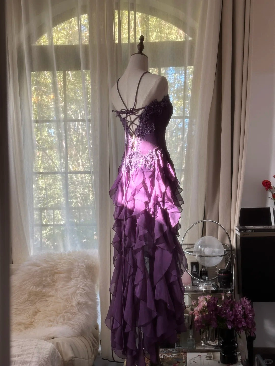 Retro Strapless Grape Purple Fungus Curled Skirt Chiffon Long Prom Dress P3346