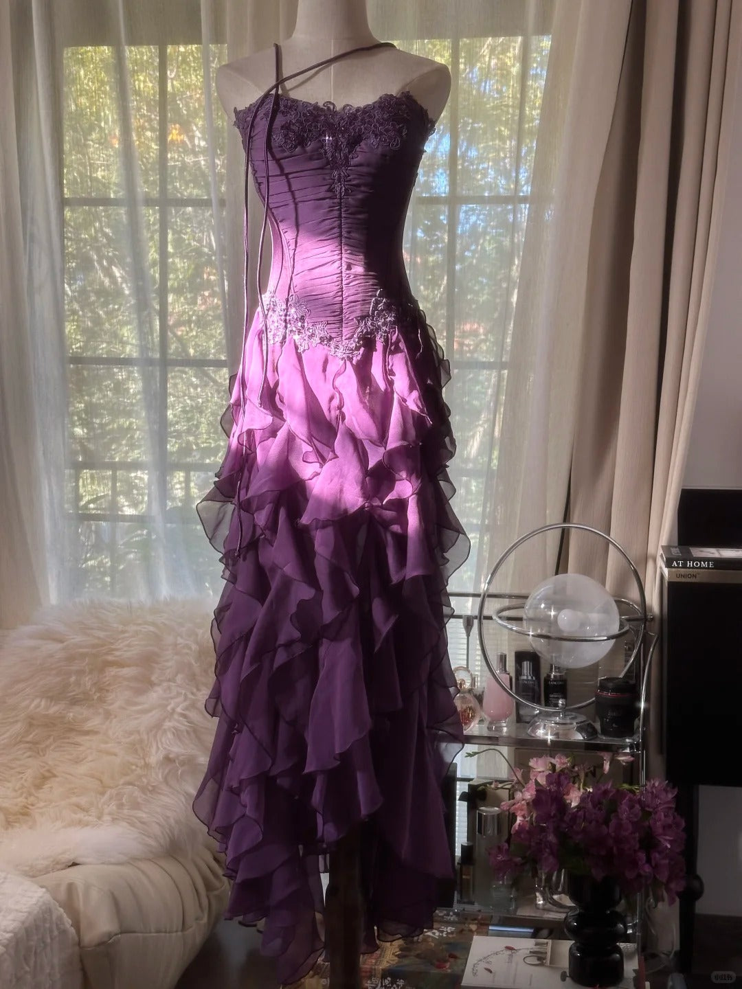 Retro Strapless Grape Purple Fungus Curled Skirt Chiffon Long Prom Dress P3346