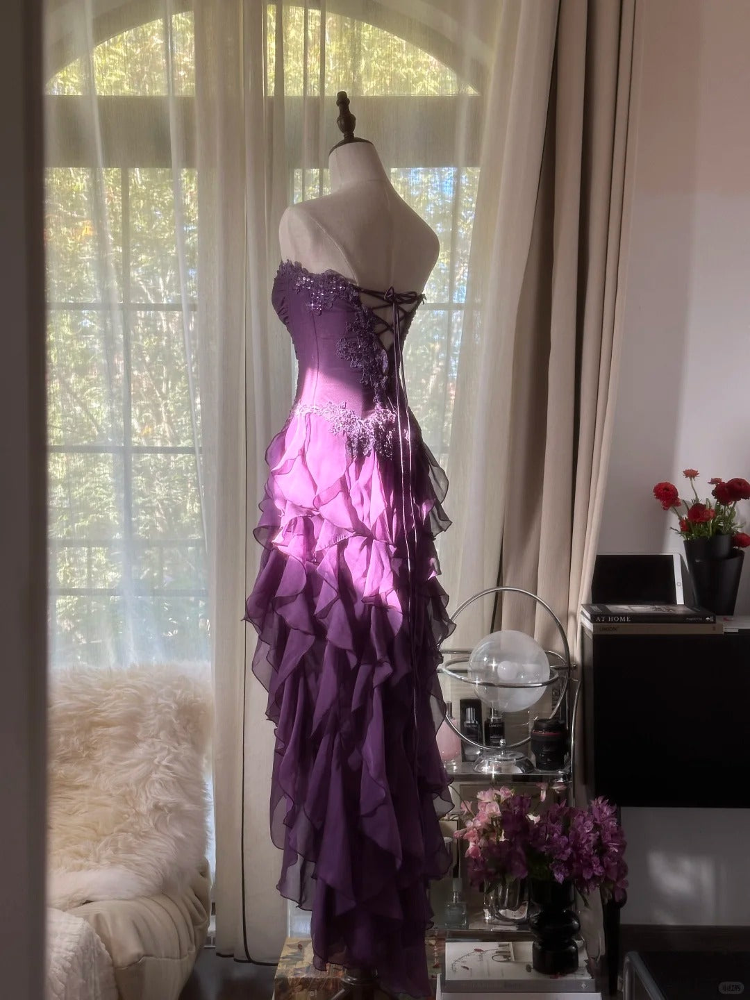 Retro Strapless Grape Purple Fungus Curled Skirt Chiffon Long Prom Dress P3346