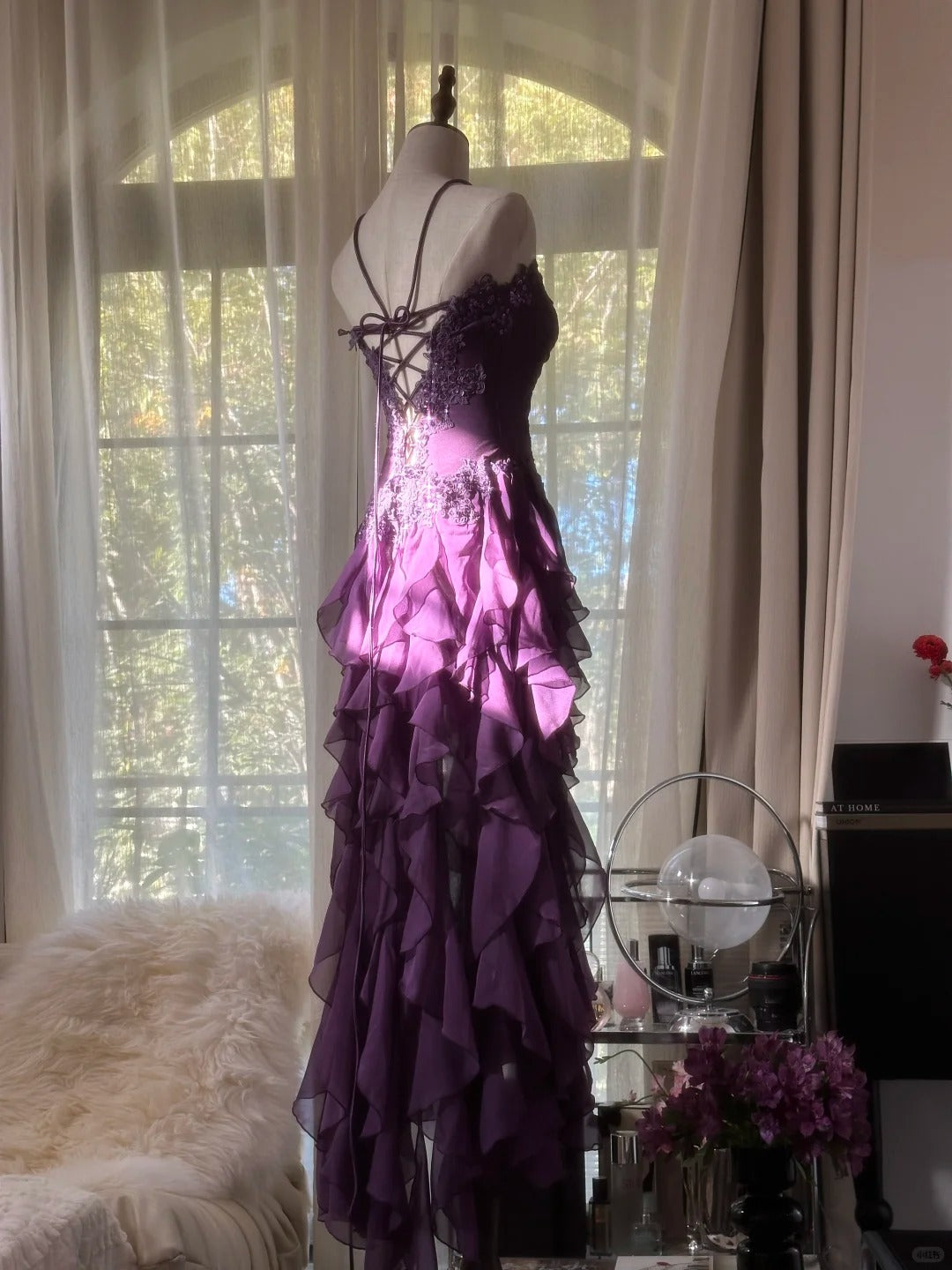 Retro Strapless Grape Purple Fungus Curled Skirt Chiffon Long Prom Dress P3346