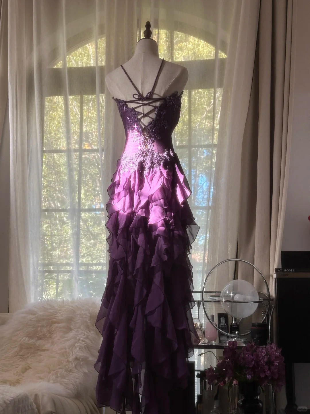 Retro Strapless Grape Purple Fungus Curled Skirt Chiffon Long Prom Dress P3346