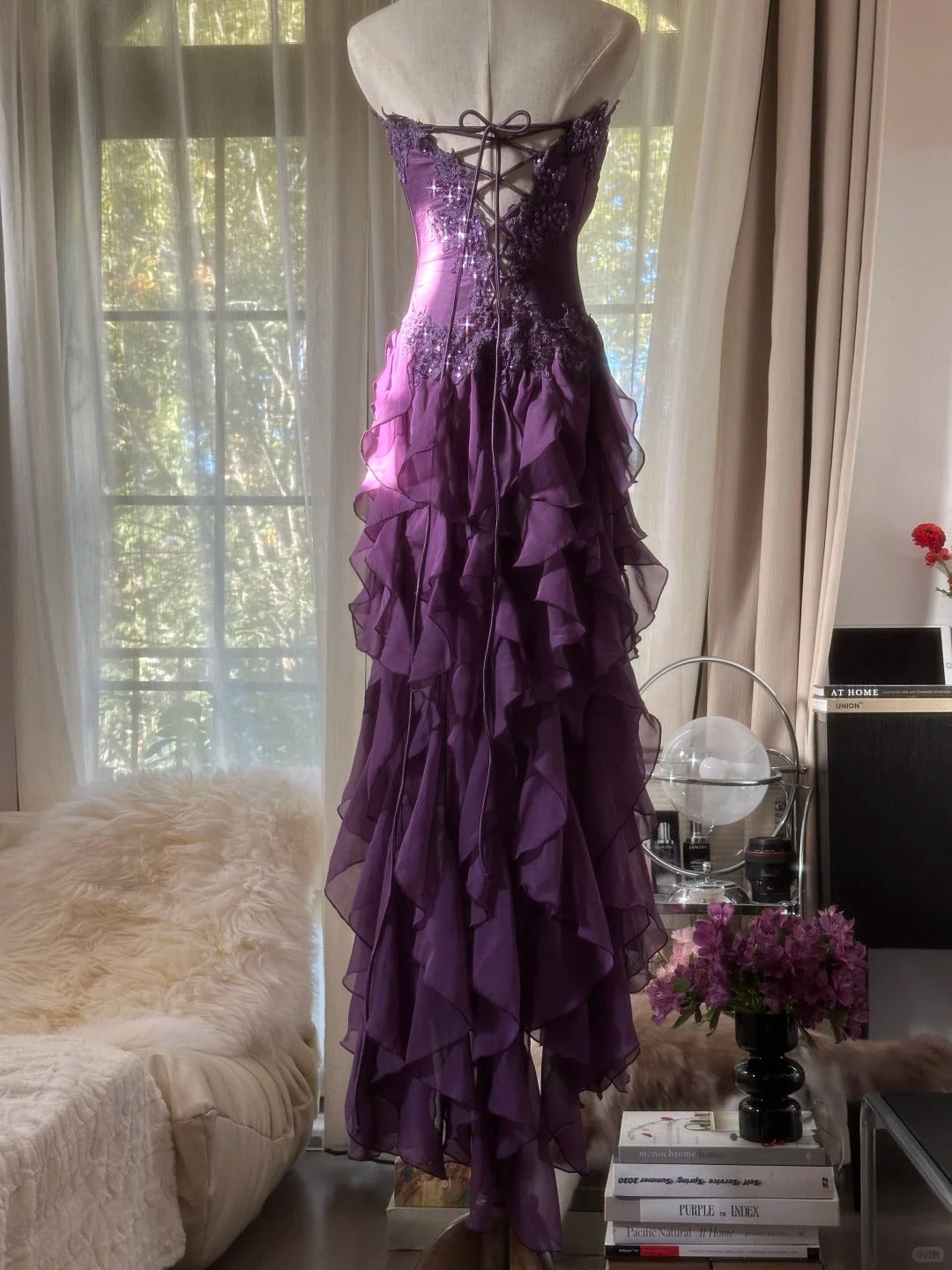 Retro Strapless Grape Purple Fungus Curled Skirt Chiffon Long Prom Dress P3346