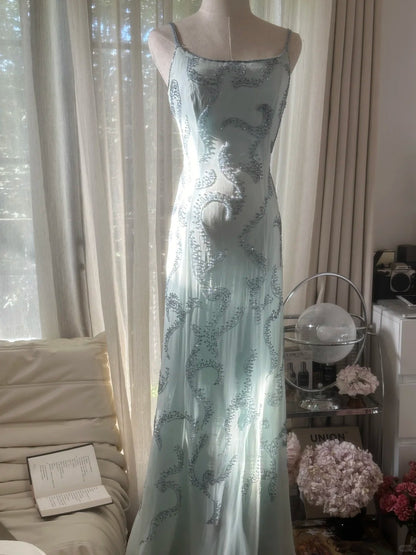 Seeblauer Neckholder Perlenbesatz Langes Ballkleid P3348
