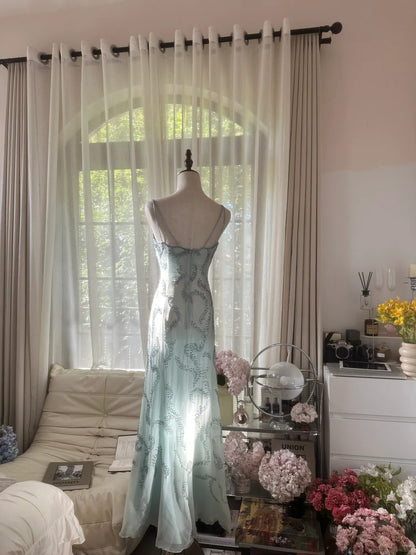 Seeblauer Neckholder Perlenbesatz Langes Ballkleid P3348