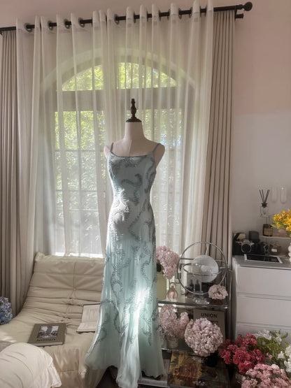 Seeblauer Neckholder Perlenbesatz Langes Ballkleid P3348